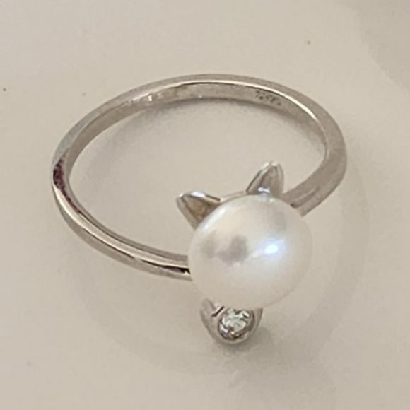 New 925S Silver‎ Real 8mm Cultured Freshwater Pearl Cat Shape Ring - Adjustable - Picture 2 of 15